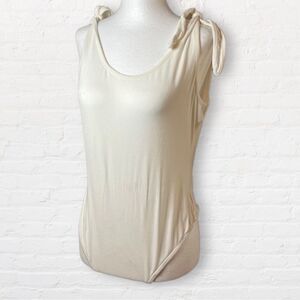 Aladuo ivory white sleeveless bodysuit ties @ shoulder soft scoopneck sheer SZ L